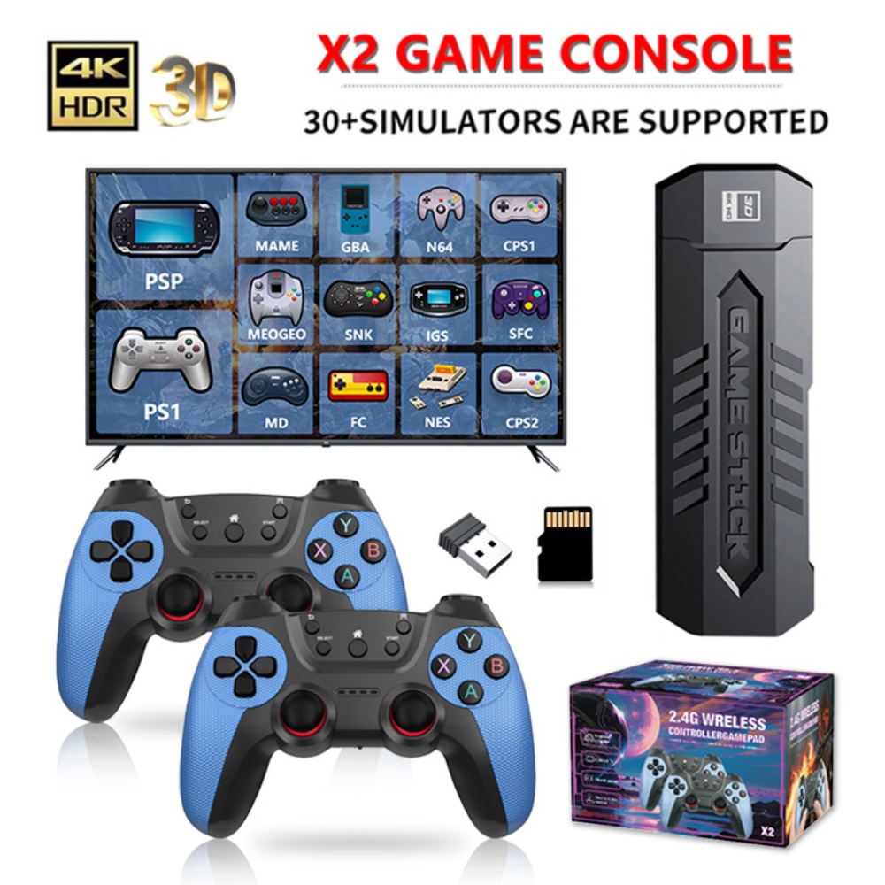 Retro Gaming X2 - X2 レトロゲームスティック 4K ビデオゲームコンソール 40000+ゲーム、30+エミュレーター、HD出力 2つのワイヤレスコントローラー、プラグアンドプレイ、TV/コンピューター対応