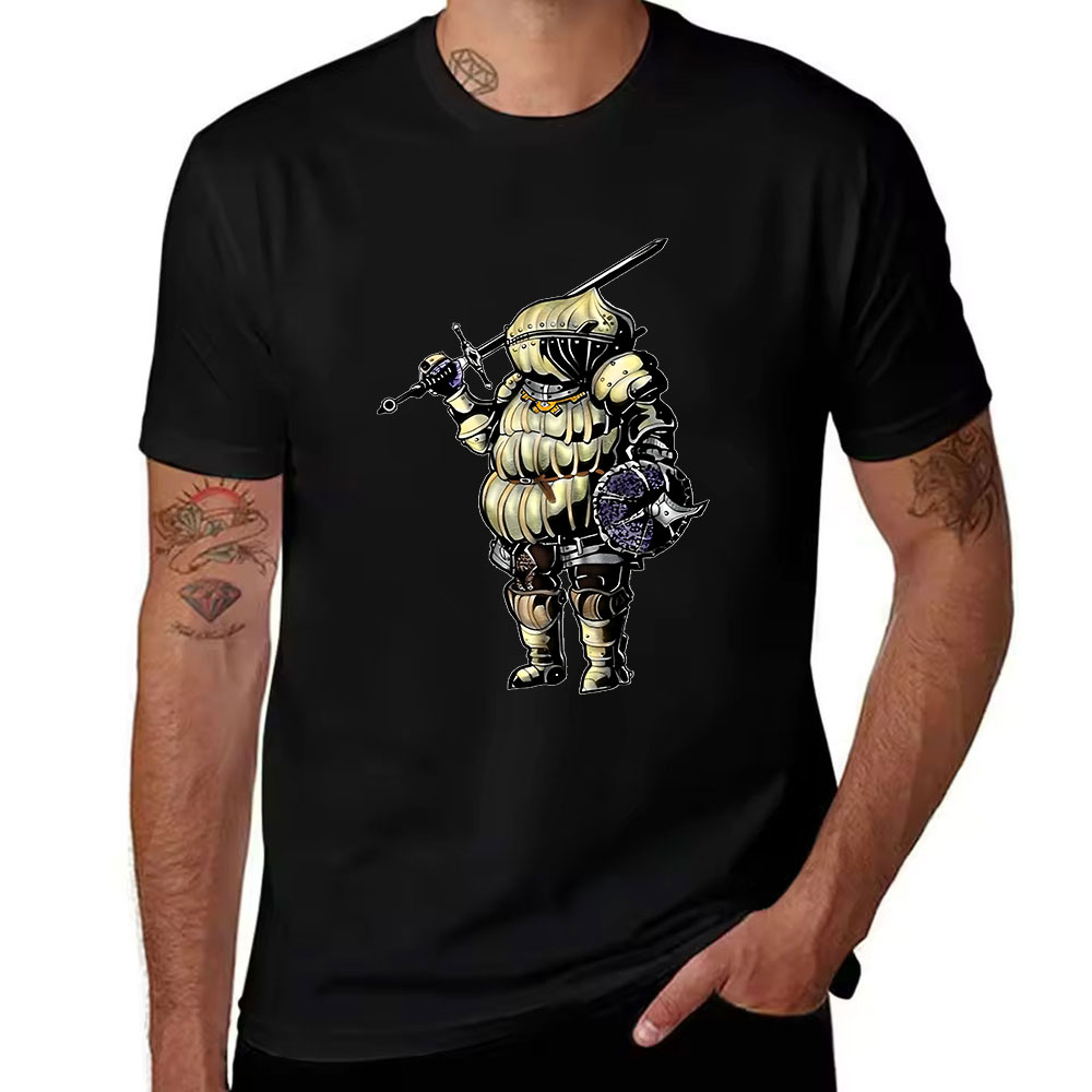 Retro Knight Gaming - メンズコットン半袖Tシャツ、レトロなぽっちゃり騎士プリント入り、カジュアルルーズフィットTシャツ、普段着やゲームファン向け