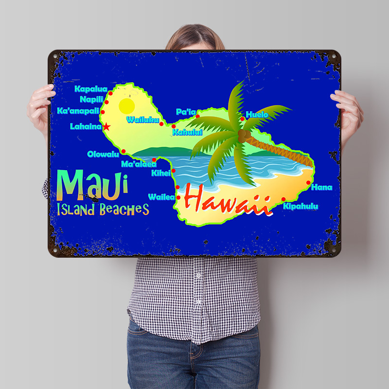 Retro Gaming Island - マウイ島のビーチマップブリキポスターカスタムウォールアートヴィンテージメタルサインレトロブリキプレートゲーム装飾ルーム用