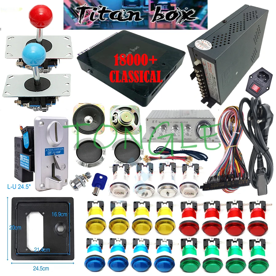 Arcade Button Kit - DIYアーケードマシンキャビネット,LEDプッシュボタン,タイタンボックス,ゲームキット,Sanwaジョイスティックのコピー,コインアクセプター,2人用,18000 in 1
